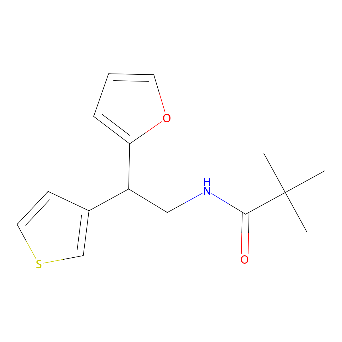 N-[2-(furan-2-yl)-2-(thiophen-3-yl)ethyl]-2,2-dimethylpropanamide molecular structure, CAS 2097868-51-2