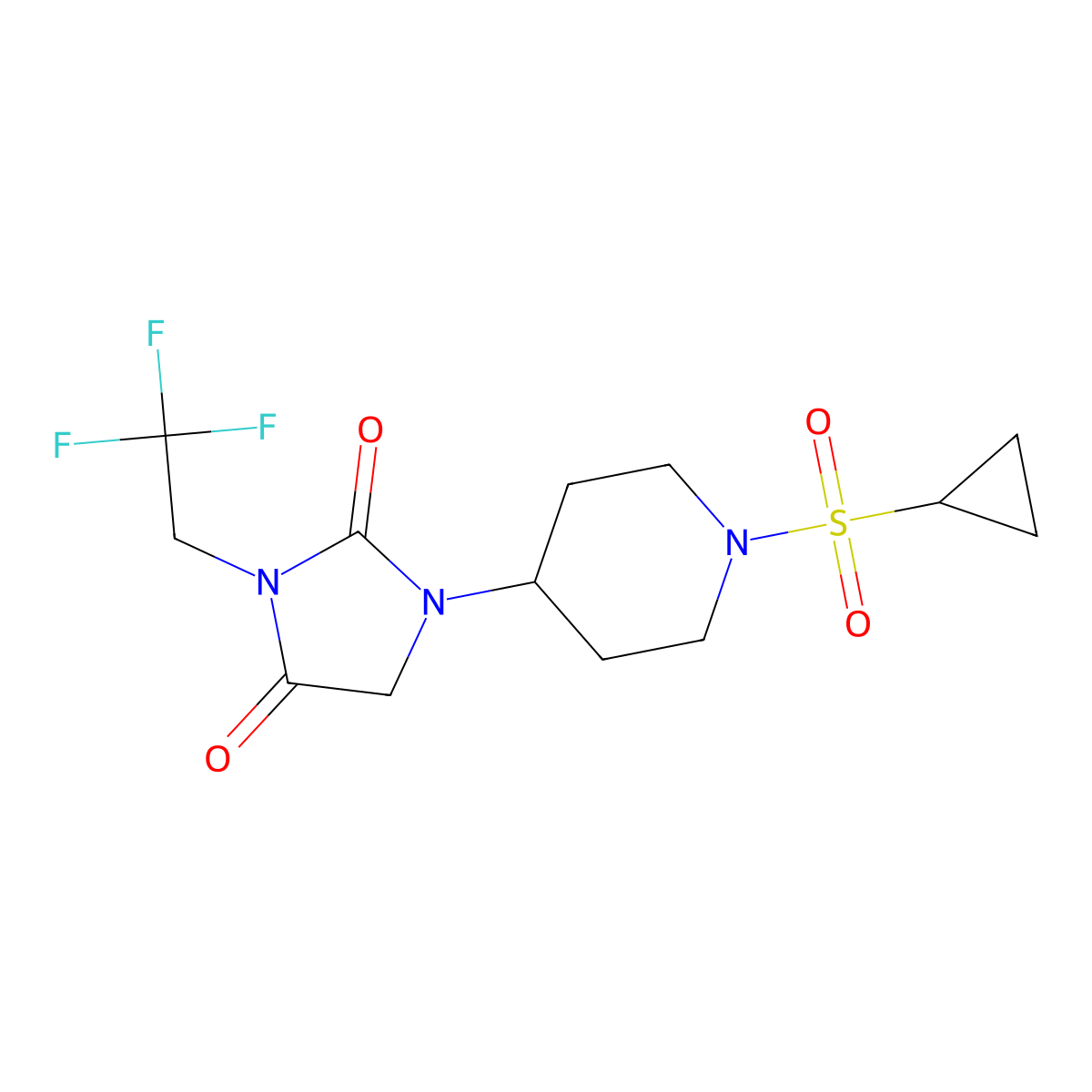 1-[1-(Cyclopropanesulfonyl)piperidin-4-yl]-3-(2,2,2-trifluoroethyl)imidazolidine-2,4-dione molecular structure, CAS 2097868-53-4