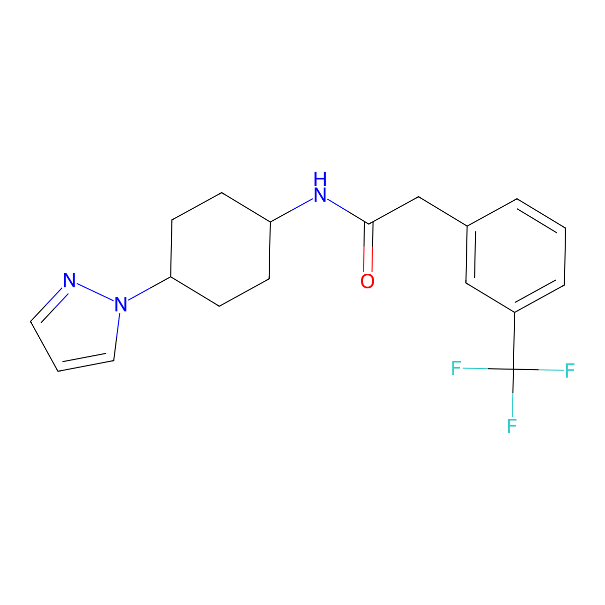 N-[4-(1H-pyrazol-1-yl)cyclohexyl]-2-[3-(trifluoromethyl)phenyl]acetamide molecular structure, CAS 2097868-67-0