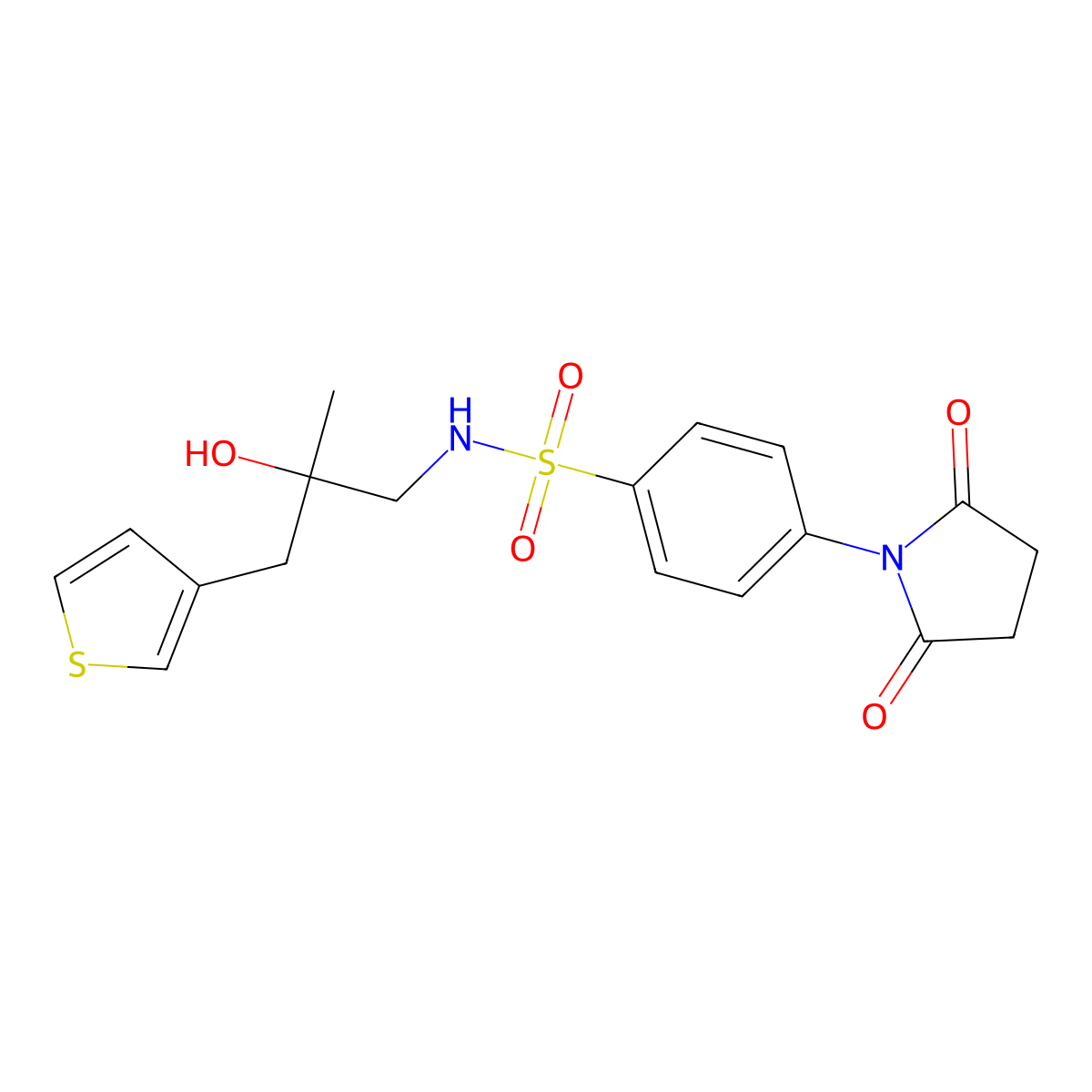 S-[4-(2,5-dioxopyrrolidin-1-yl)phenyl]-2-hydroxy-2-methyl-3-(thiophen-3-yl)propane-1-sulfonamido molecular structure, CAS 2097868-81-8