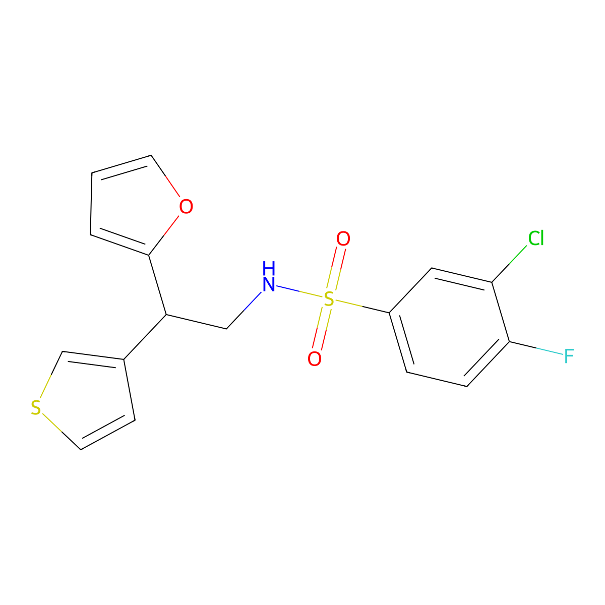 3-chloro-4-fluoro-N-(2-(furan-2-yl)-2-(thiophen-3-yl)ethyl)benzenesulfonamide molecular structure, CAS 2097868-83-0