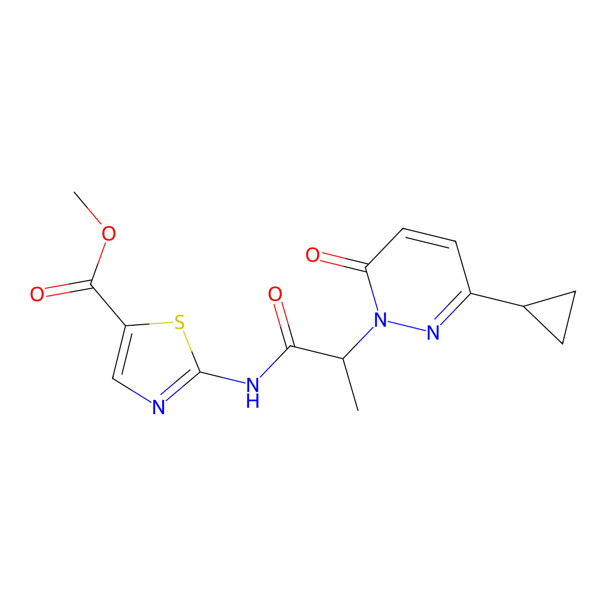 methyl 2-(2-(3-cyclopropyl-6-oxopyridazin-1(6H)-yl)propanamido)thiazole-5-carboxylate molecular structure, CAS 2097869-02-6