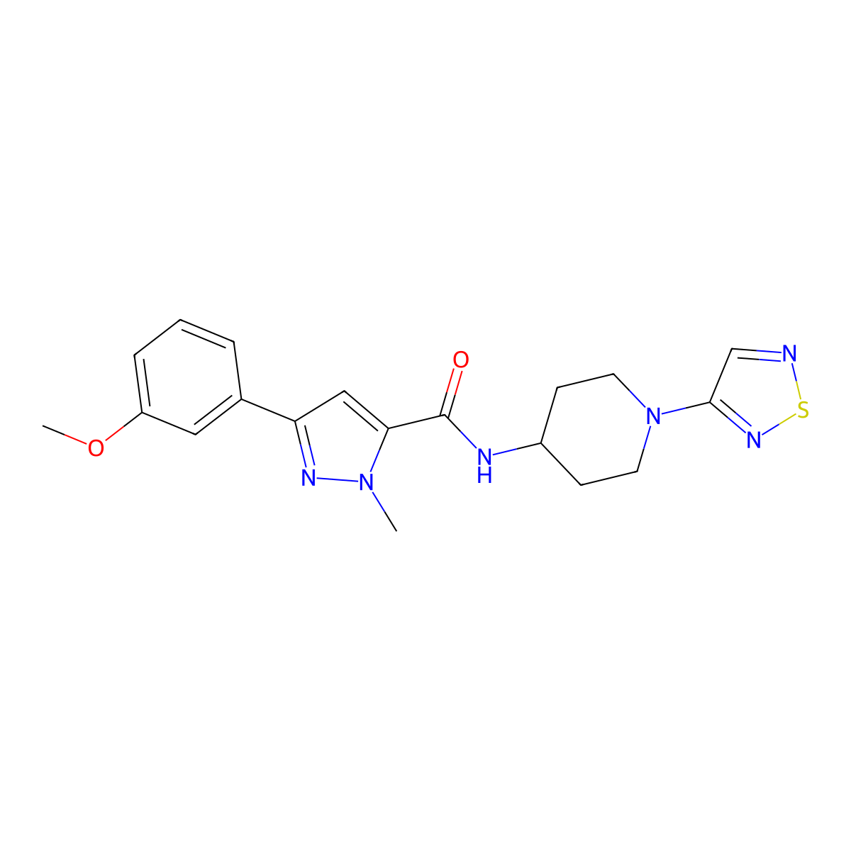 3-(3-methoxyphenyl)-1-methyl-N-[1-(1,2,5-thiadiazol-3-yl)piperidin-4-yl]-1H-pyrazole-5-carboxamide molecular structure, CAS 2097869-06-0