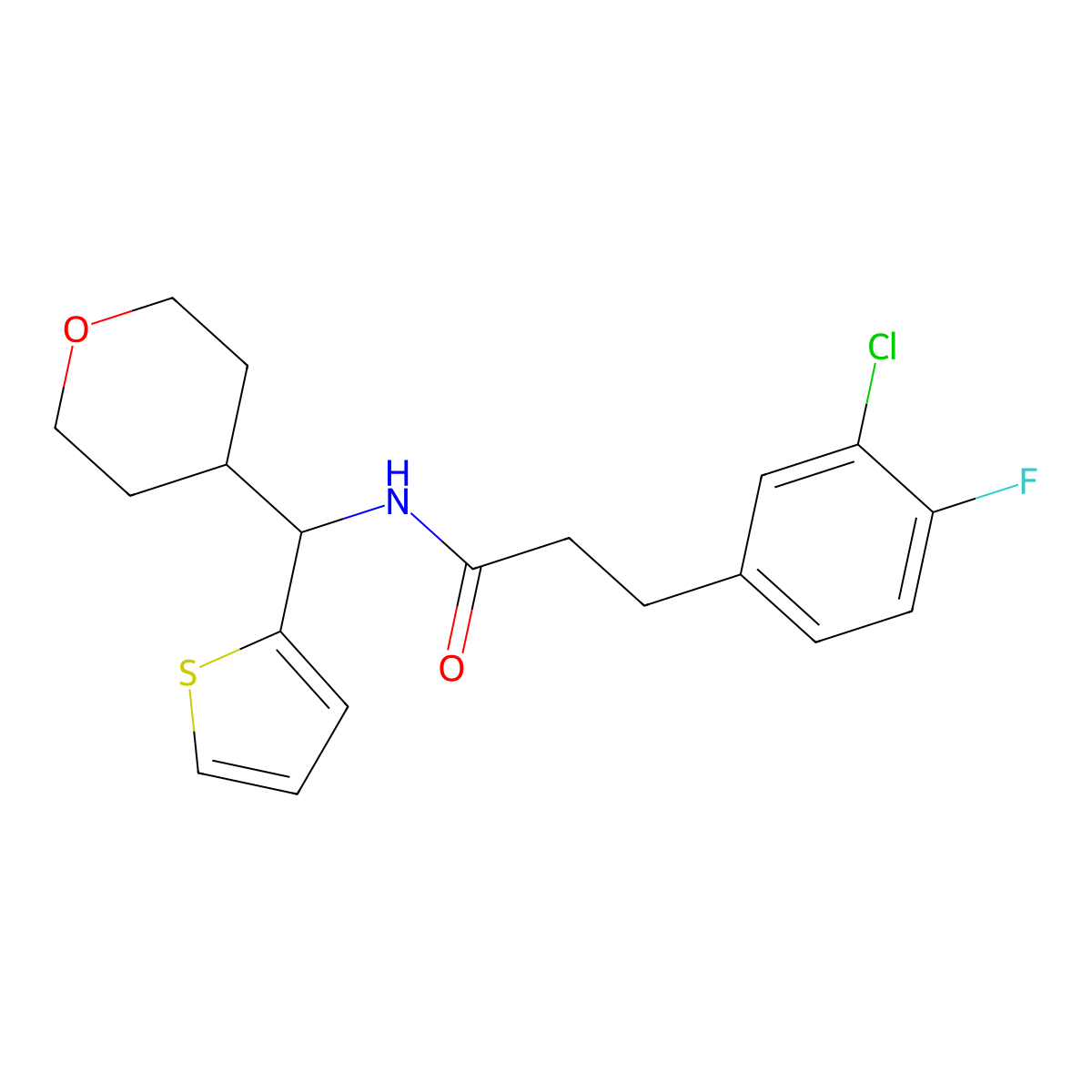 3-(3-chloro-4-fluorophenyl)-N-[(oxan-4-yl)(thiophen-2-yl)methyl]propanamide molecular structure, CAS 2097869-34-4