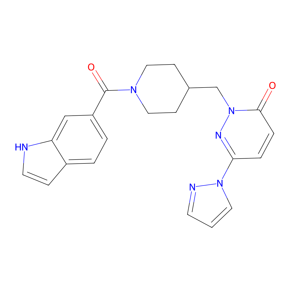 2-{[1-(1H-indole-6-carbonyl)piperidin-4-yl]methyl}-6-(1H-pyrazol-1-yl)-2,3-dihydropyridazin-3-one molecular structure, CAS 2097869-51-5