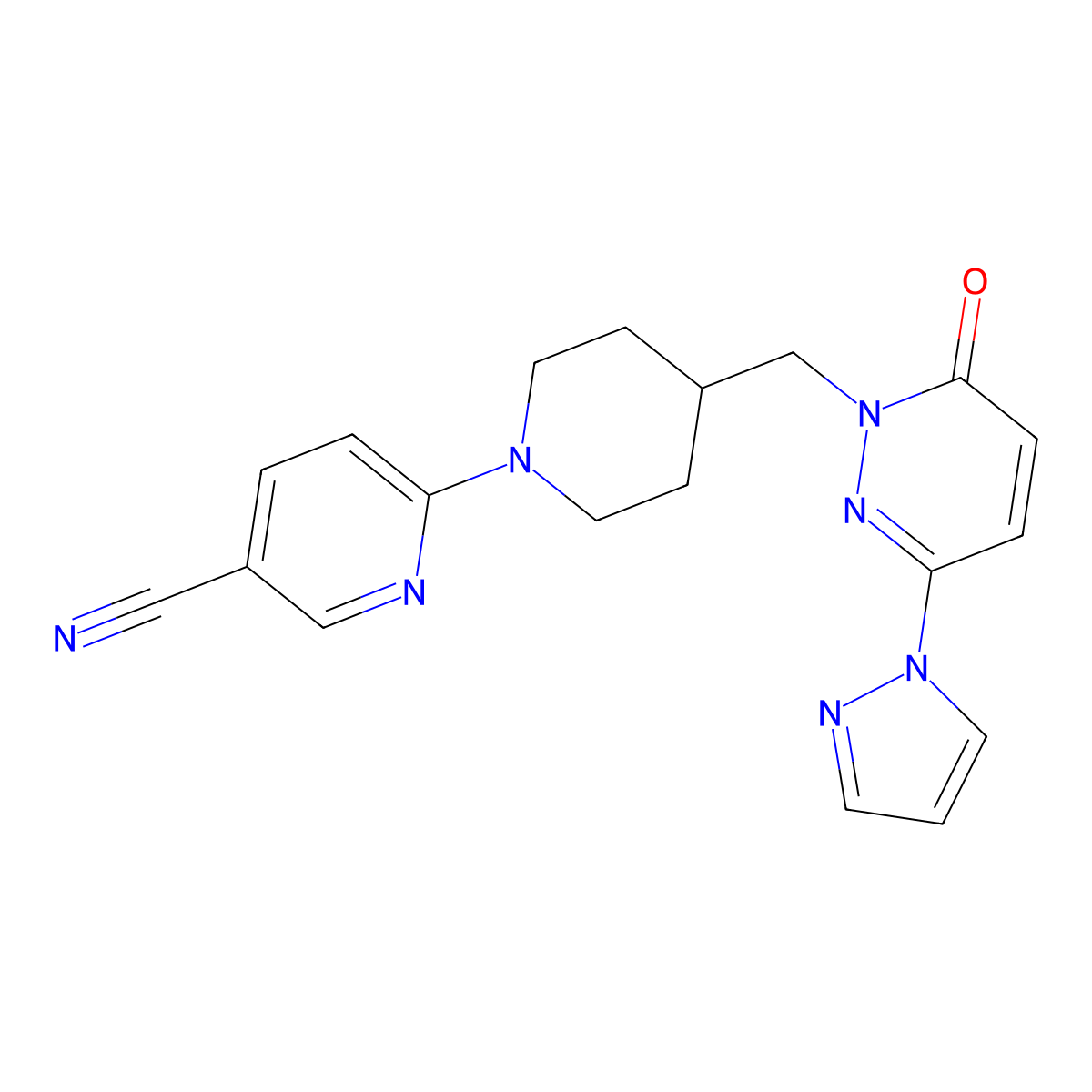 6-(4-{[6-oxo-3-(1H-pyrazol-1-yl)-1,6-dihydropyridazin-1-yl]methyl}piperidin-1-yl)pyridine-3-carbonitrile molecular structure, CAS 2097871-85-5