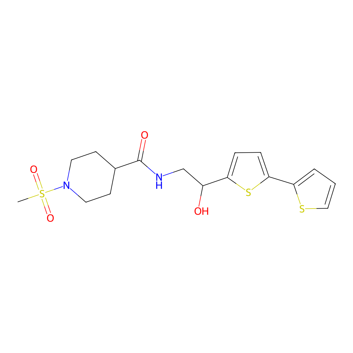 N-(2-{[2,2'-bithiophene]-5-yl}-2-hydroxyethyl)-1-methanesulfonylpiperidine-4-carboxamide molecular structure, CAS 2097871-90-2