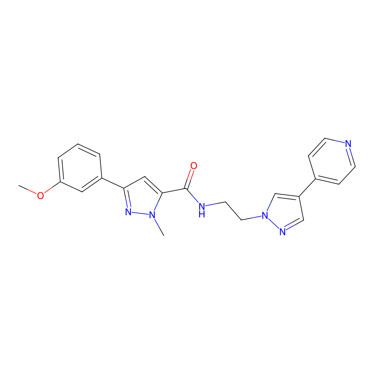 3-(3-methoxyphenyl)-1-methyl-N-{2-[4-(pyridin-4-yl)-1H-pyrazol-1-yl]ethyl}-1H-pyrazole-5-carboxamide molecular structure, CAS 2097872-05-2