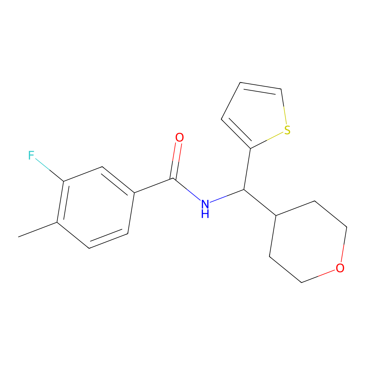 3-fluoro-4-methyl-N-[(oxan-4-yl)(thiophen-2-yl)methyl]benzamide molecular structure, CAS 2097872-14-3
