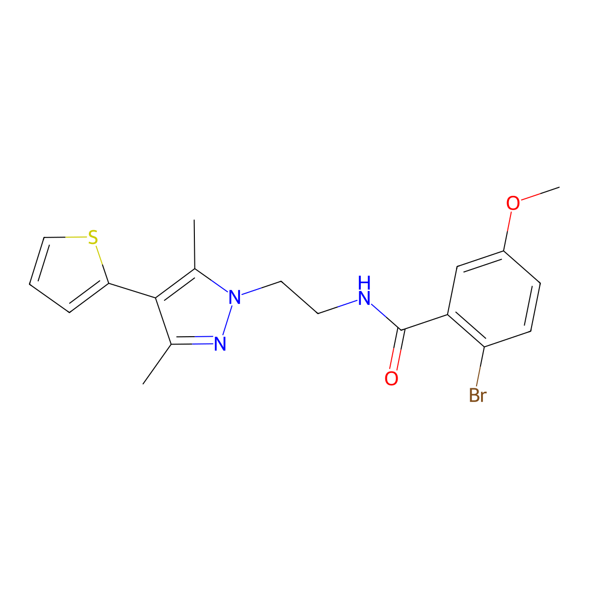 2-bromo-N-{2-[3,5-dimethyl-4-(thiophen-2-yl)-1H-pyrazol-1-yl]ethyl}-5-methoxybenzamide molecular structure, CAS 2097872-27-8