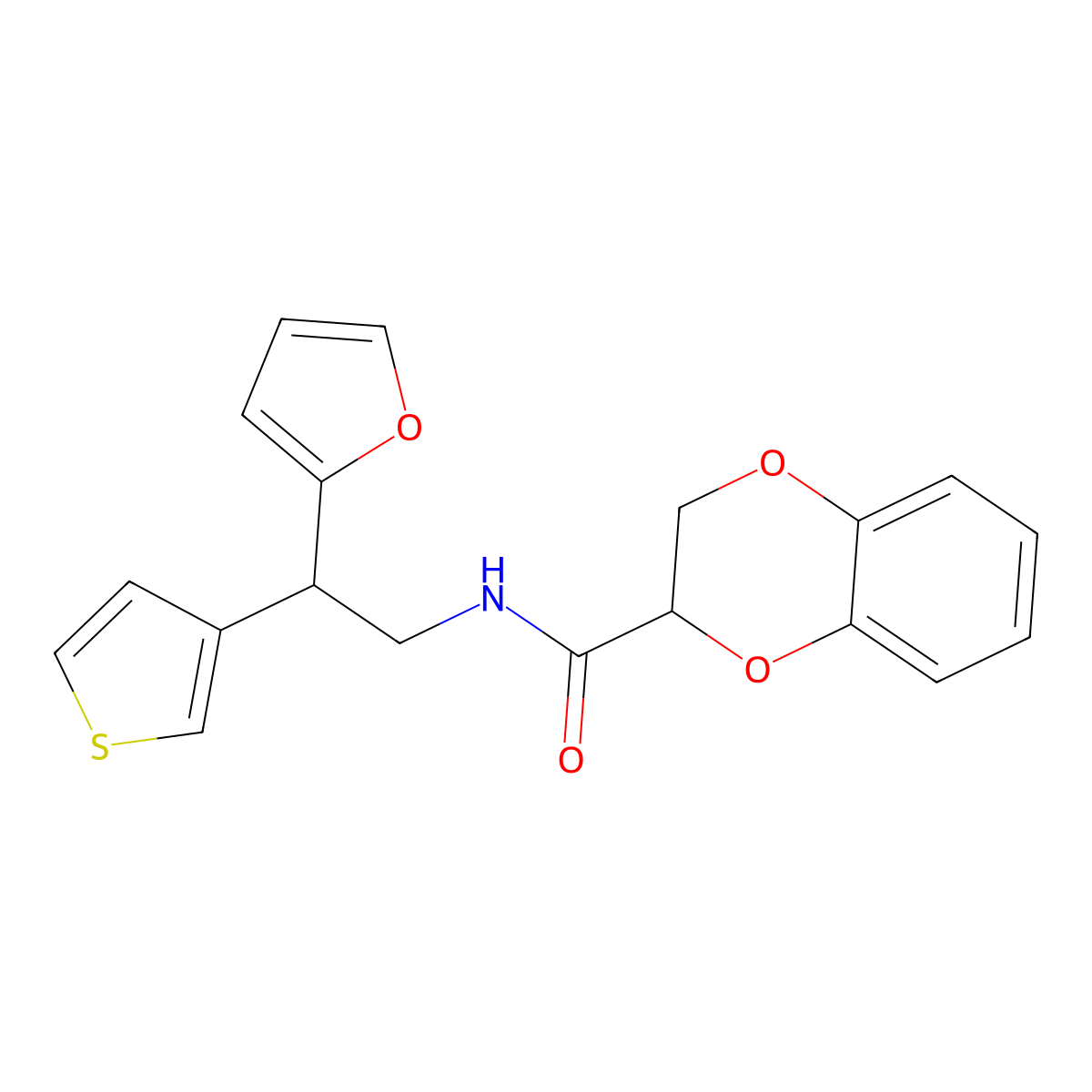 N-(2-(furan-2-yl)-2-(thiophen-3-yl)ethyl)-2,3-dihydrobenzo[b][1,4]dioxine-2-carboxamide molecular structure, CAS 2097872-37-0