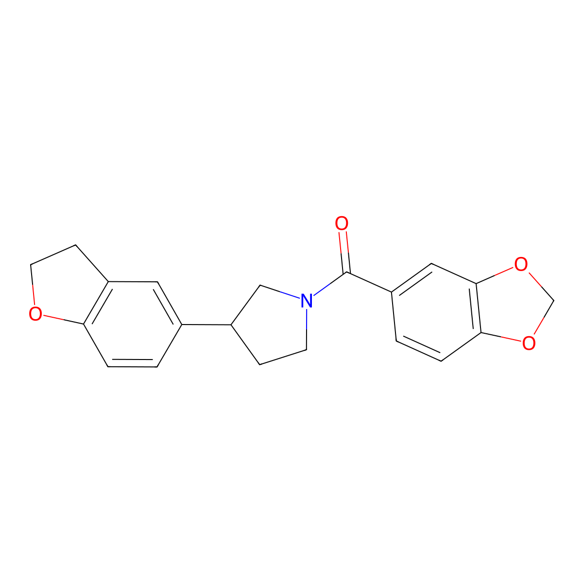1-(2H-1,3-benzodioxole-5-carbonyl)-3-(2,3-dihydro-1-benzofuran-5-yl)pyrrolidine molecular structure, CAS 2097872-64-3