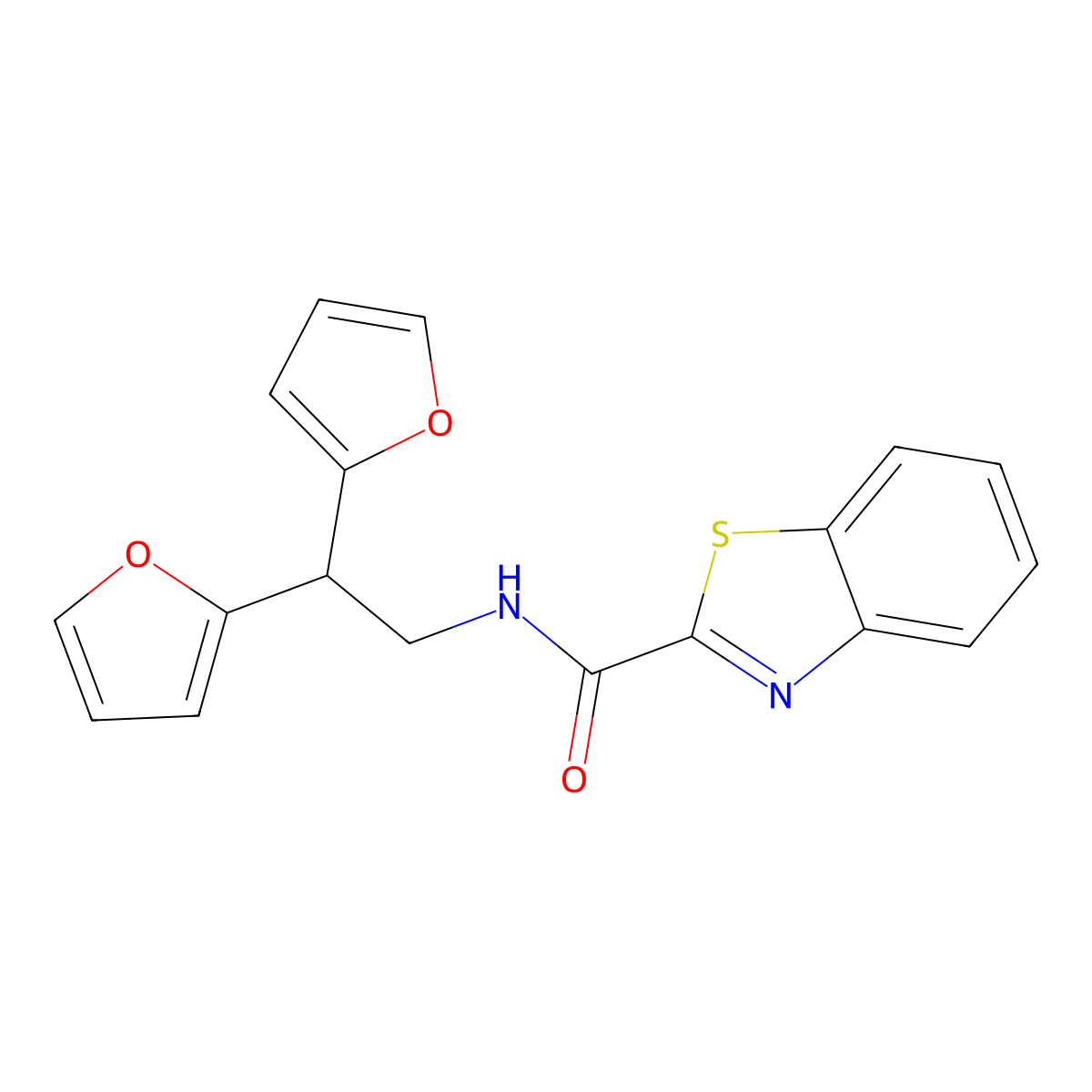 N-[2,2-bis(furan-2-yl)ethyl]-1,3-benzothiazole-2-carboxamide molecular structure, CAS 2097872-70-1
