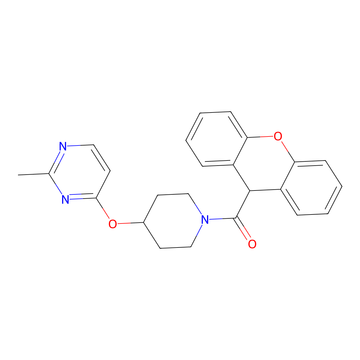 (4-((2-methylpyrimidin-4-yl)oxy)piperidin-1-yl)(9H-xanthen-9-yl)methanone molecular structure, CAS 2097872-71-2