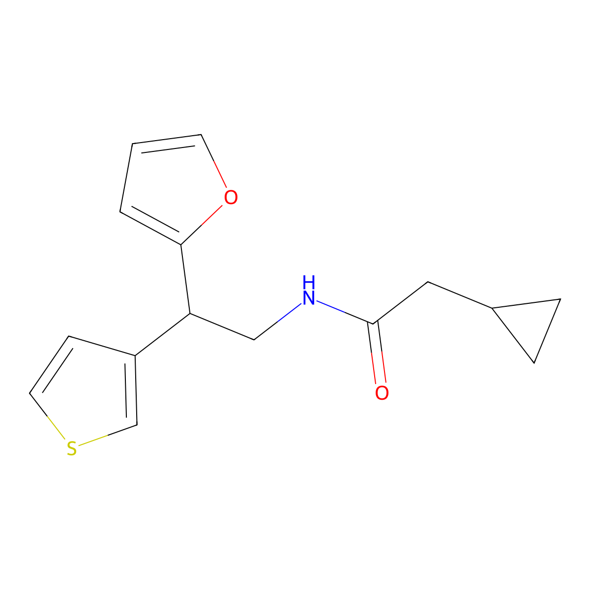 2-cyclopropyl-N-(2-(furan-2-yl)-2-(thiophen-3-yl)ethyl)acetamide molecular structure, CAS 2097872-79-0