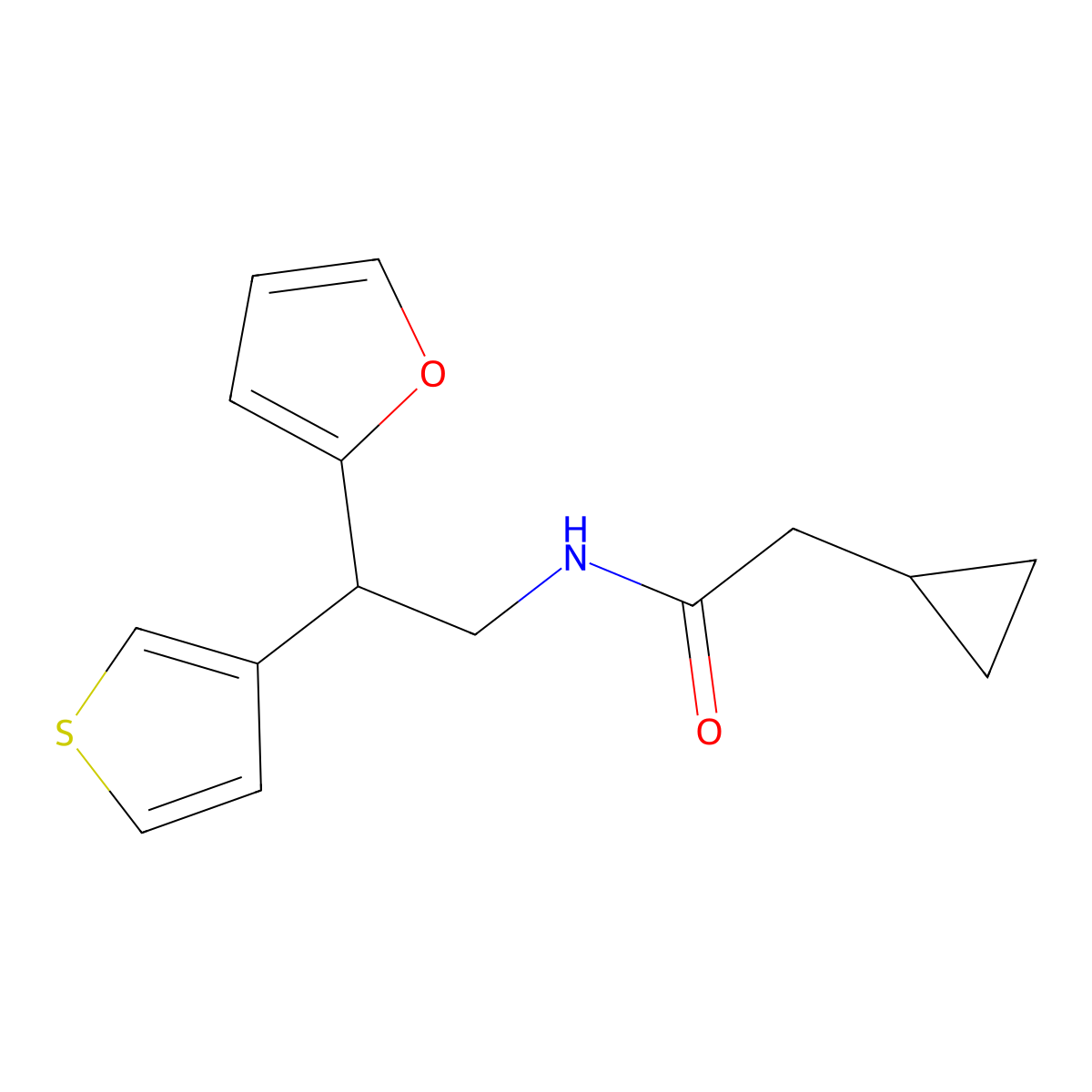 2-cyclopropyl-N-(2-(furan-2-yl)-2-(thiophen-3-yl)ethyl)acetamide molecular structure, CAS 2097872-79-0