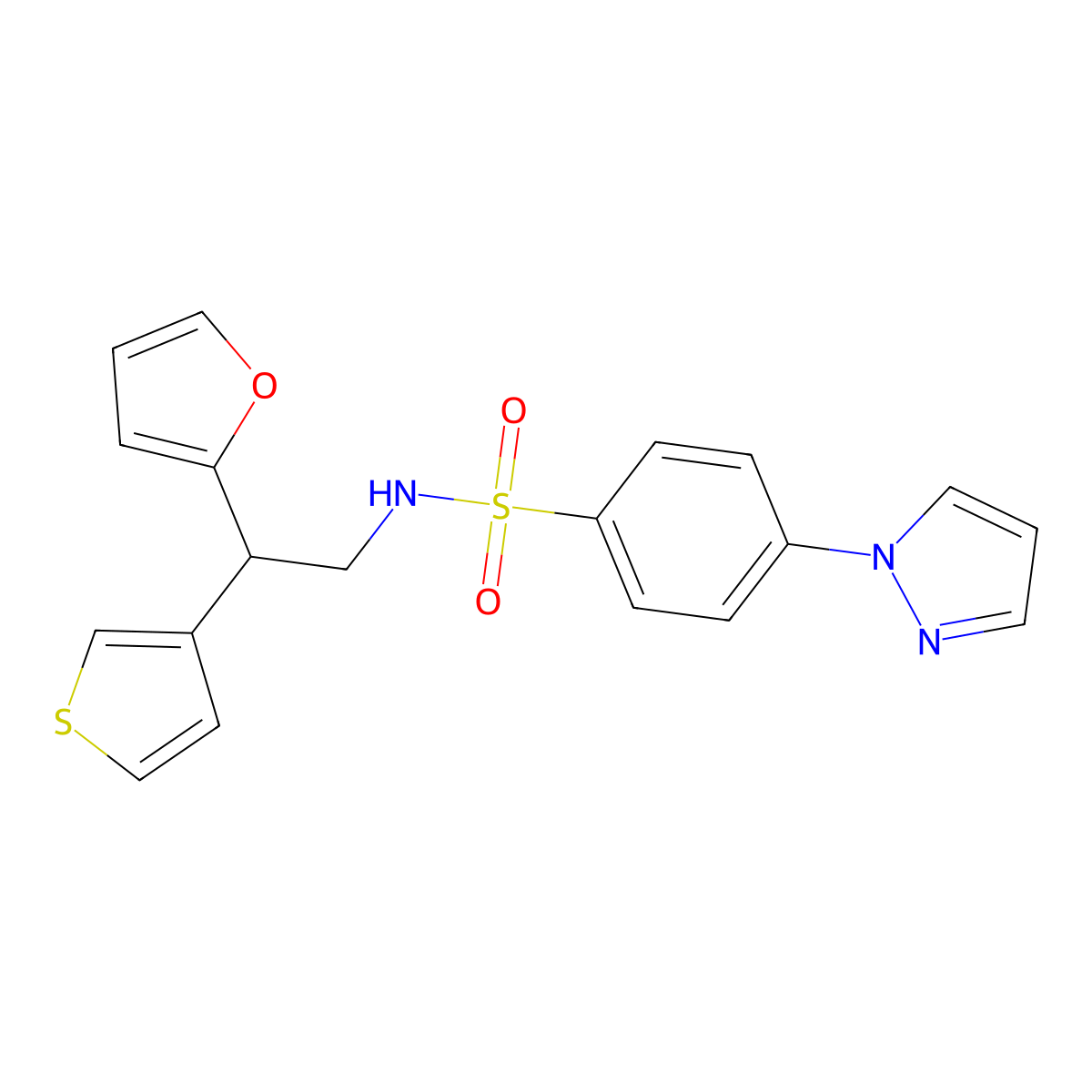 N-[2-(furan-2-yl)-2-(thiophen-3-yl)ethyl]-4-(1H-pyrazol-1-yl)benzene-1-sulfonamide molecular structure, CAS 2097872-87-0