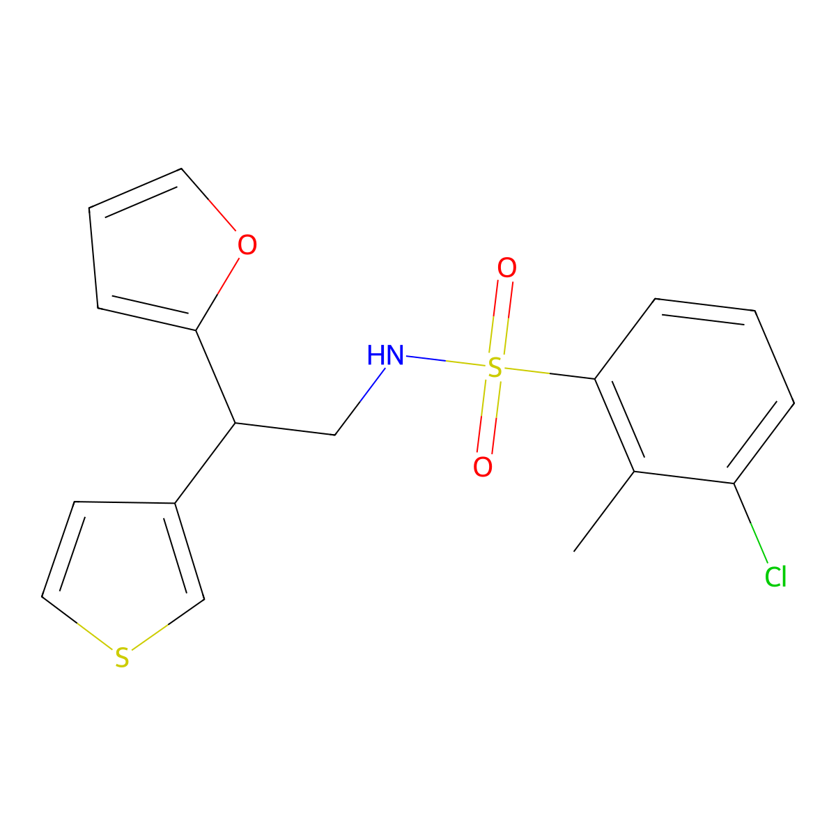 3-chloro-N-[2-(furan-2-yl)-2-(thiophen-3-yl)ethyl]-2-methylbenzene-1-sulfonamide molecular structure, CAS 2097872-90-5