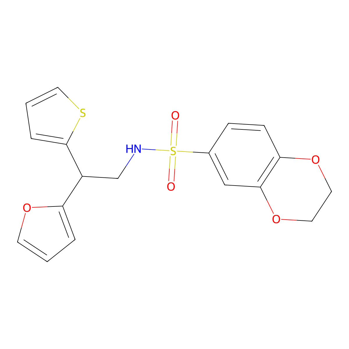 N-[2-(furan-2-yl)-2-(thiophen-2-yl)ethyl]-2,3-dihydro-1,4-benzodioxine-6-sulfonamide molecular structure, CAS 2097872-92-7
