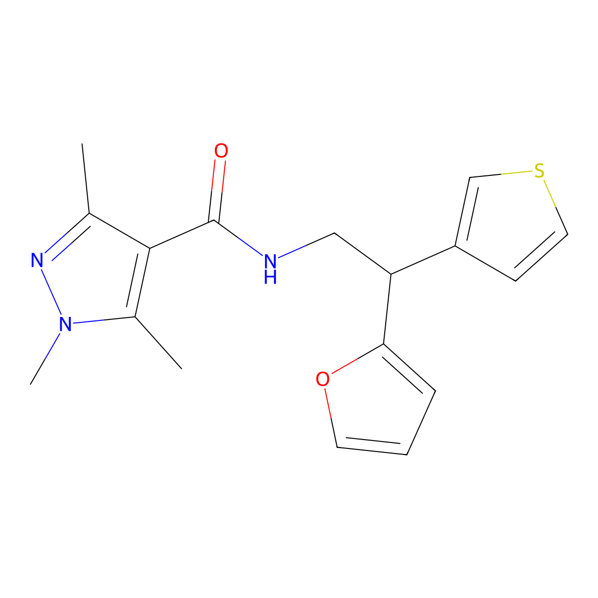 N-(2-(furan-2-yl)-2-(thiophen-3-yl)ethyl)-1,3,5-trimethyl-1H-pyrazole-4-carboxamide molecular structure, CAS 2097873-01-1