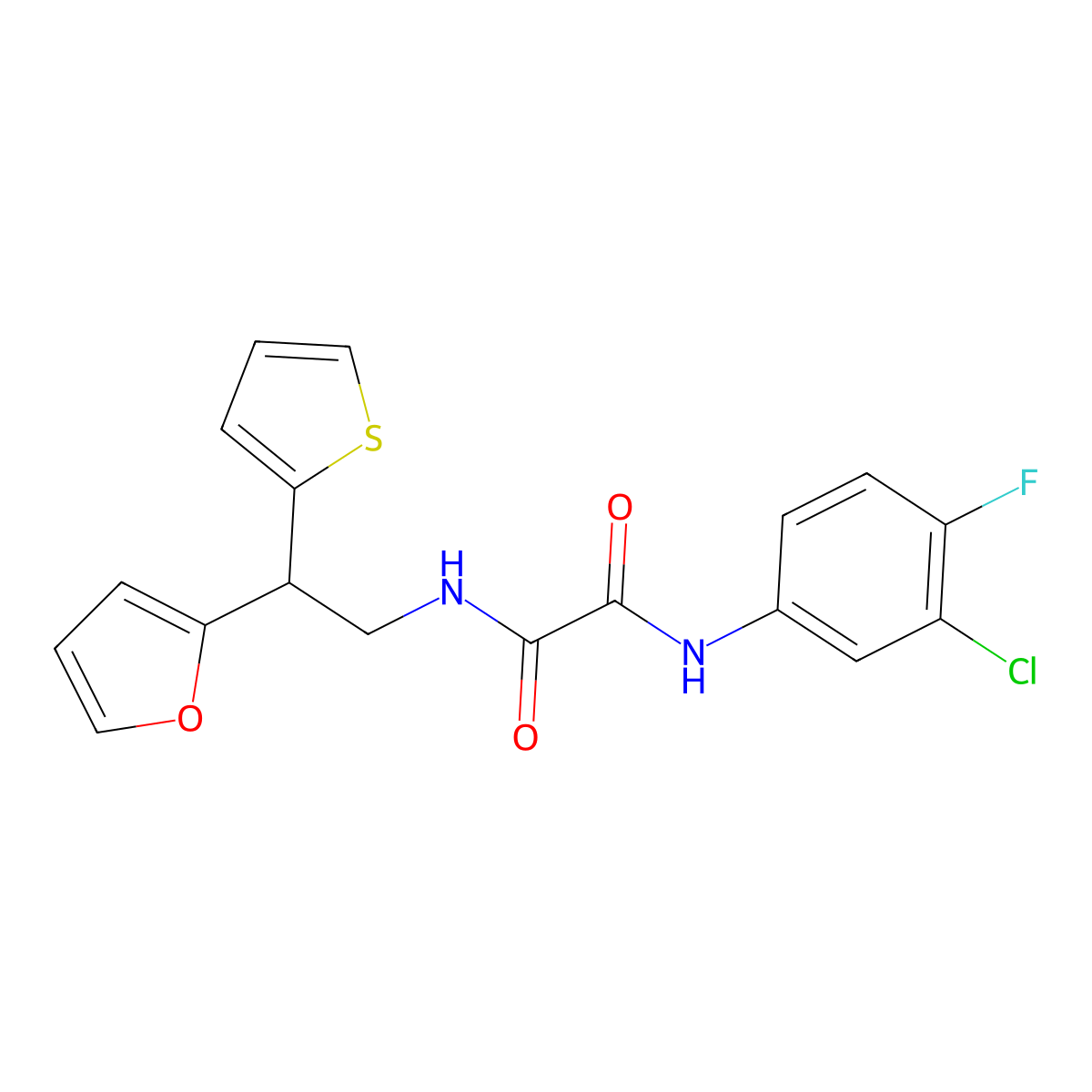N'-(3-chloro-4-fluorophenyl)-N-[2-(furan-2-yl)-2-(thiophen-2-yl)ethyl]ethanediamide molecular structure, CAS 2097873-03-3