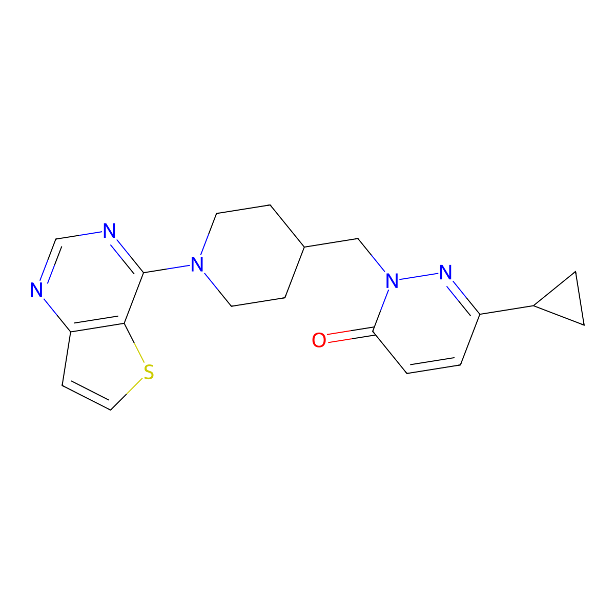 6-Cyclopropyl-2-[(1-{thieno[3,2-d]pyrimidin-4-yl}piperidin-4-yl)methyl]-2,3-dihydropyridazin-3-one molecular structure, CAS 2097873-21-5