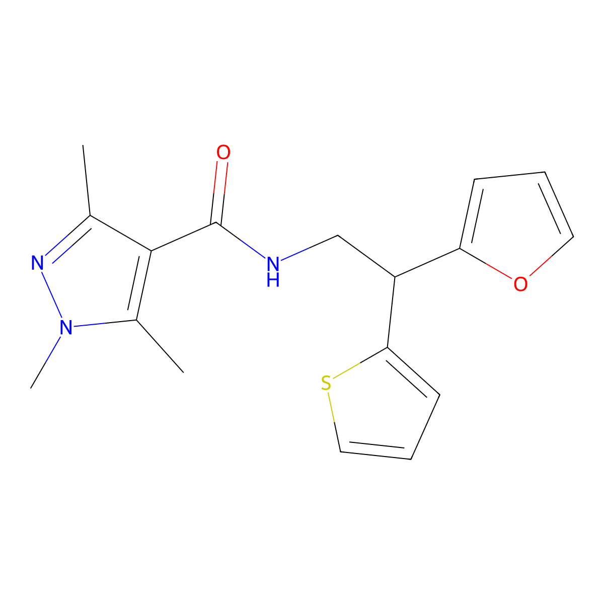 N-[2-(furan-2-yl)-2-(thiophen-2-yl)ethyl]-1,3,5-trimethyl-1H-pyrazole-4-carboxamide molecular structure, CAS 2097873-23-7