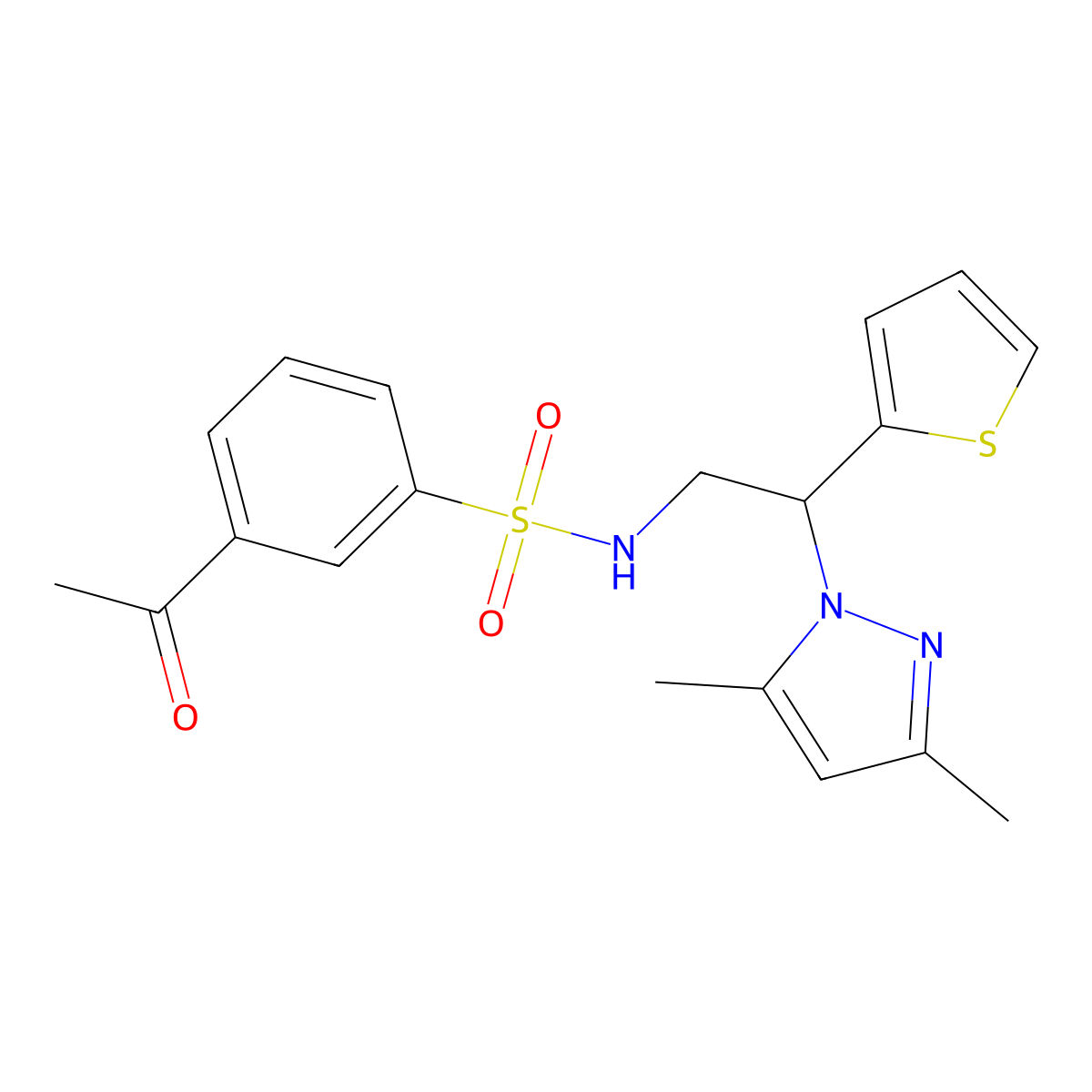 3-acetyl-N-(2-(3,5-dimethyl-1H-pyrazol-1-yl)-2-(thiophen-2-yl)ethyl)benzenesulfonamide molecular structure, CAS 2097873-25-9