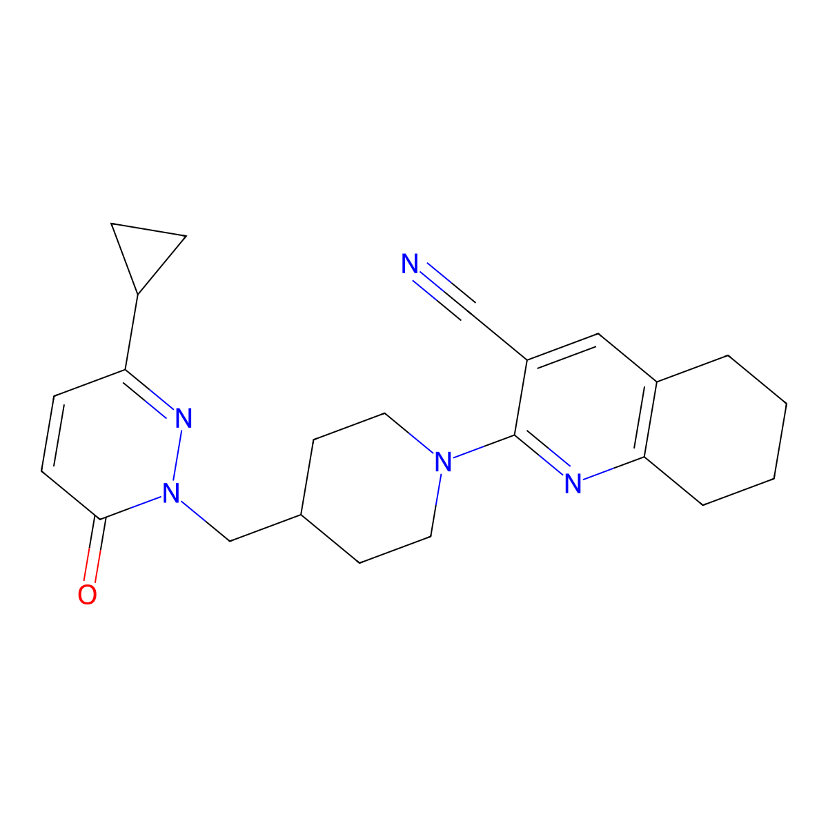 2-{4-[(3-Cyclopropyl-6-oxo-1,6-dihydropyridazin-1-yl)methyl]piperidin-1-yl}-5,6,7,8-tetrahydroquinoline-3-carbonitrile molecular structure, CAS 2097873-28-2