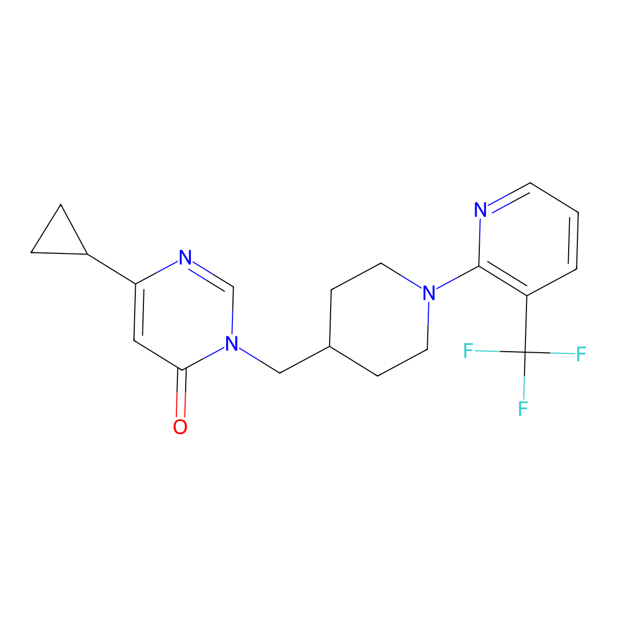 6-Cyclopropyl-3-({1-[3-(trifluoromethyl)pyridin-2-yl]piperidin-4-yl}methyl)-3,4-dihydropyrimidin-4-one molecular structure, CAS 2097873-33-9
