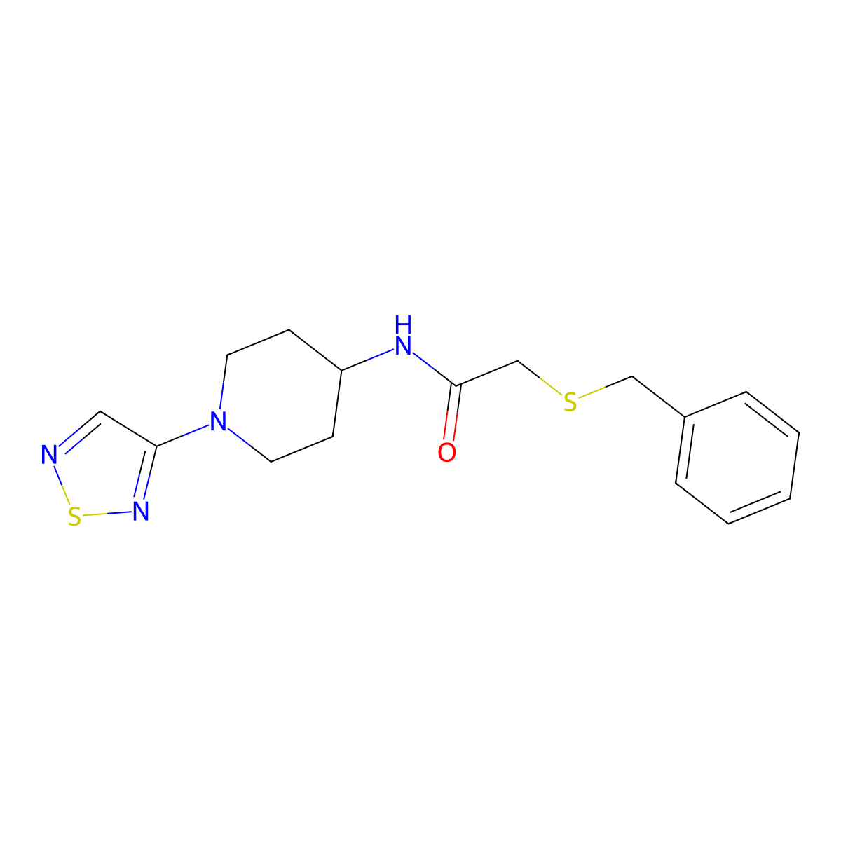 2-(benzylsulfanyl)-N-[1-(1,2,5-thiadiazol-3-yl)piperidin-4-yl]acetamide molecular structure, CAS 2097873-35-1