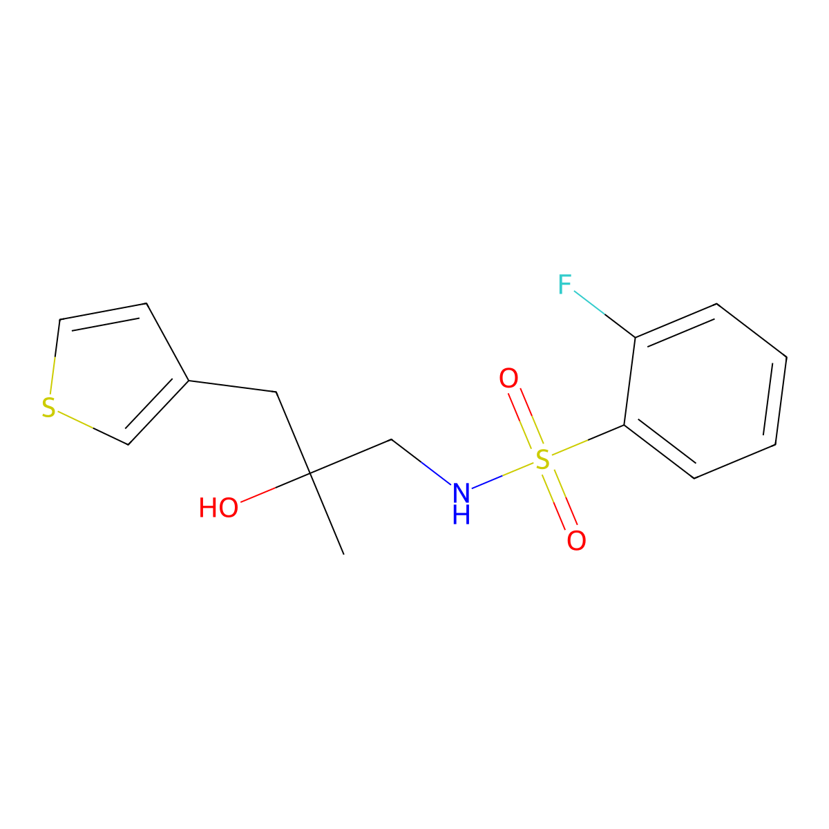 2-fluoro-N-{2-hydroxy-2-[(thiophen-3-yl)methyl]propyl}benzene-1-sulfonamide molecular structure, CAS 2097873-38-4