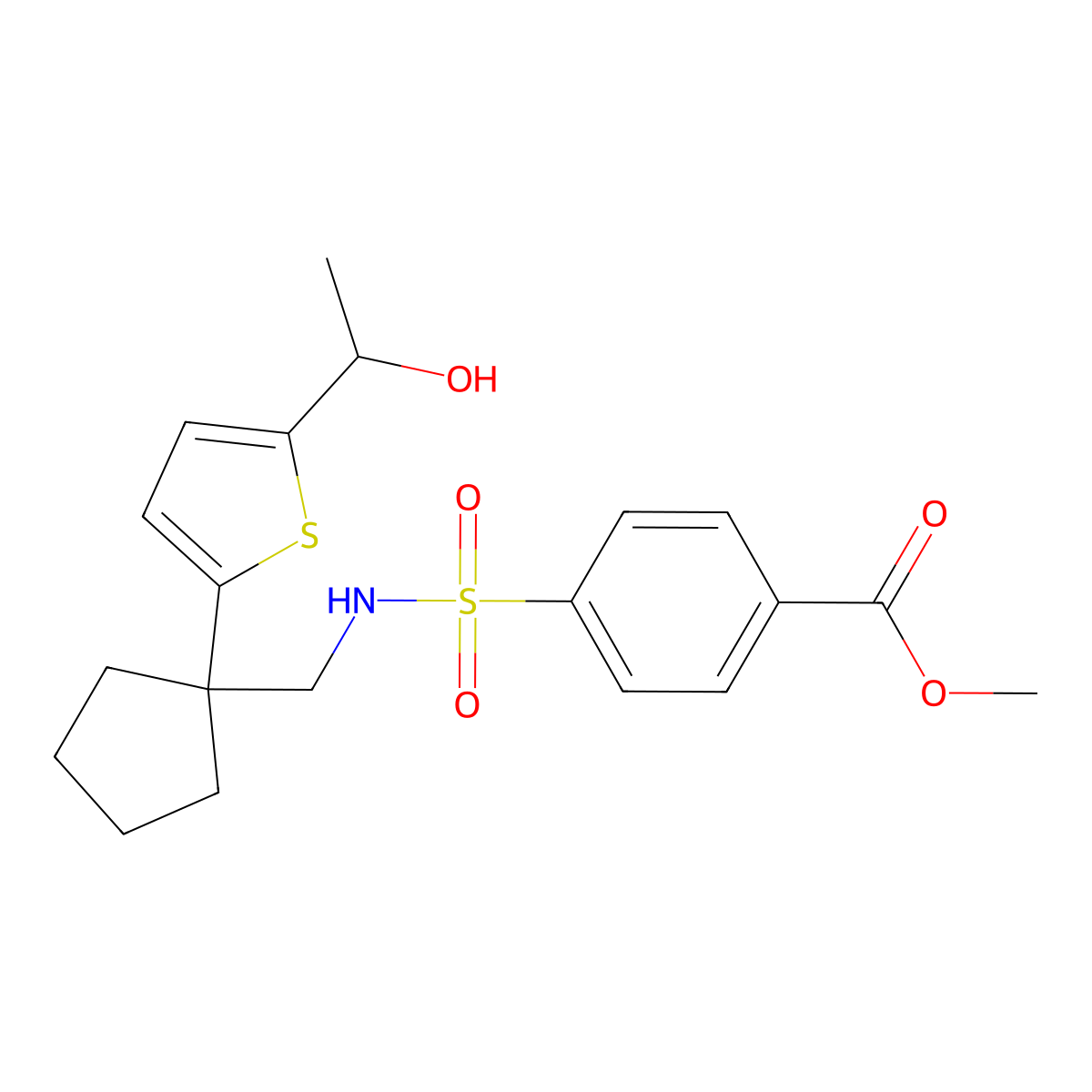 Methyl 4-[({1-[5-(1-hydroxyethyl)thiophen-2-yl]cyclopentyl}methyl)sulfamoyl]benzoate molecular structure, CAS 2097873-39-5