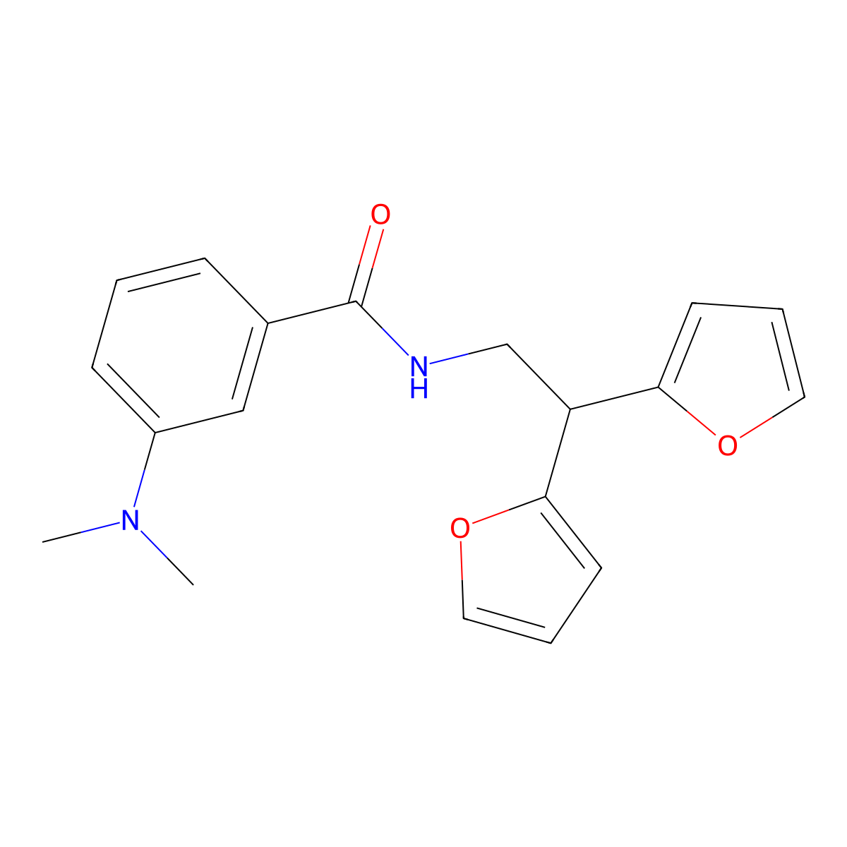 N-[2,2-bis(furan-2-yl)ethyl]-3-(dimethylamino)benzamide molecular structure, CAS 2097873-40-8