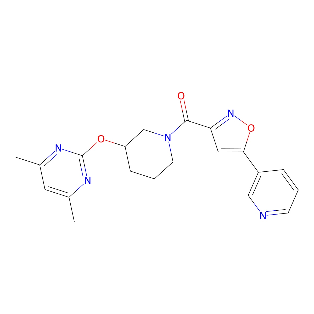 (3-((4,6-Dimethylpyrimidin-2-yl)oxy)piperidin-1-yl)(5-(pyridin-3-yl)isoxazol-3-yl)methanone molecular structure, CAS 2097873-42-0