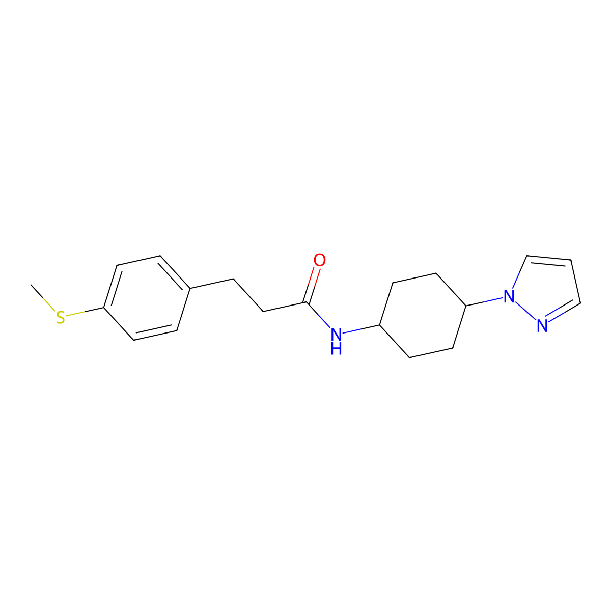 3-[4-(methylsulfanyl)phenyl]-N-[4-(1H-pyrazol-1-yl)cyclohexyl]propanamide molecular structure, CAS 2097873-44-2