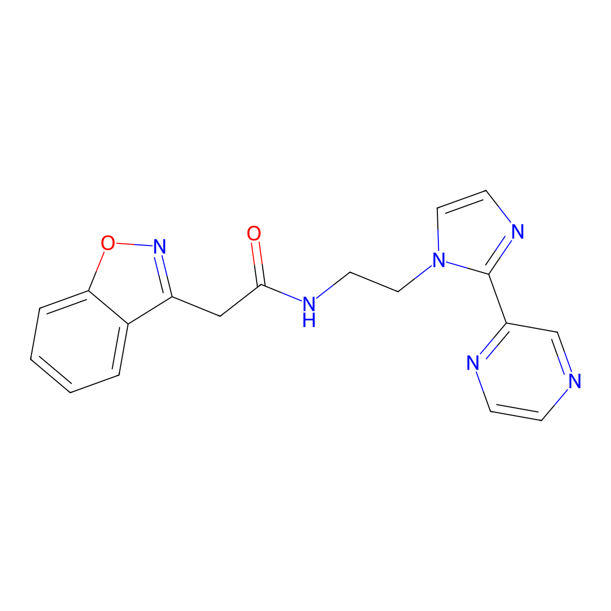 2-(1,2-benzoxazol-3-yl)-N-{2-[2-(pyrazin-2-yl)-1H-imidazol-1-yl]ethyl}acetamide molecular structure, CAS 2097873-54-4