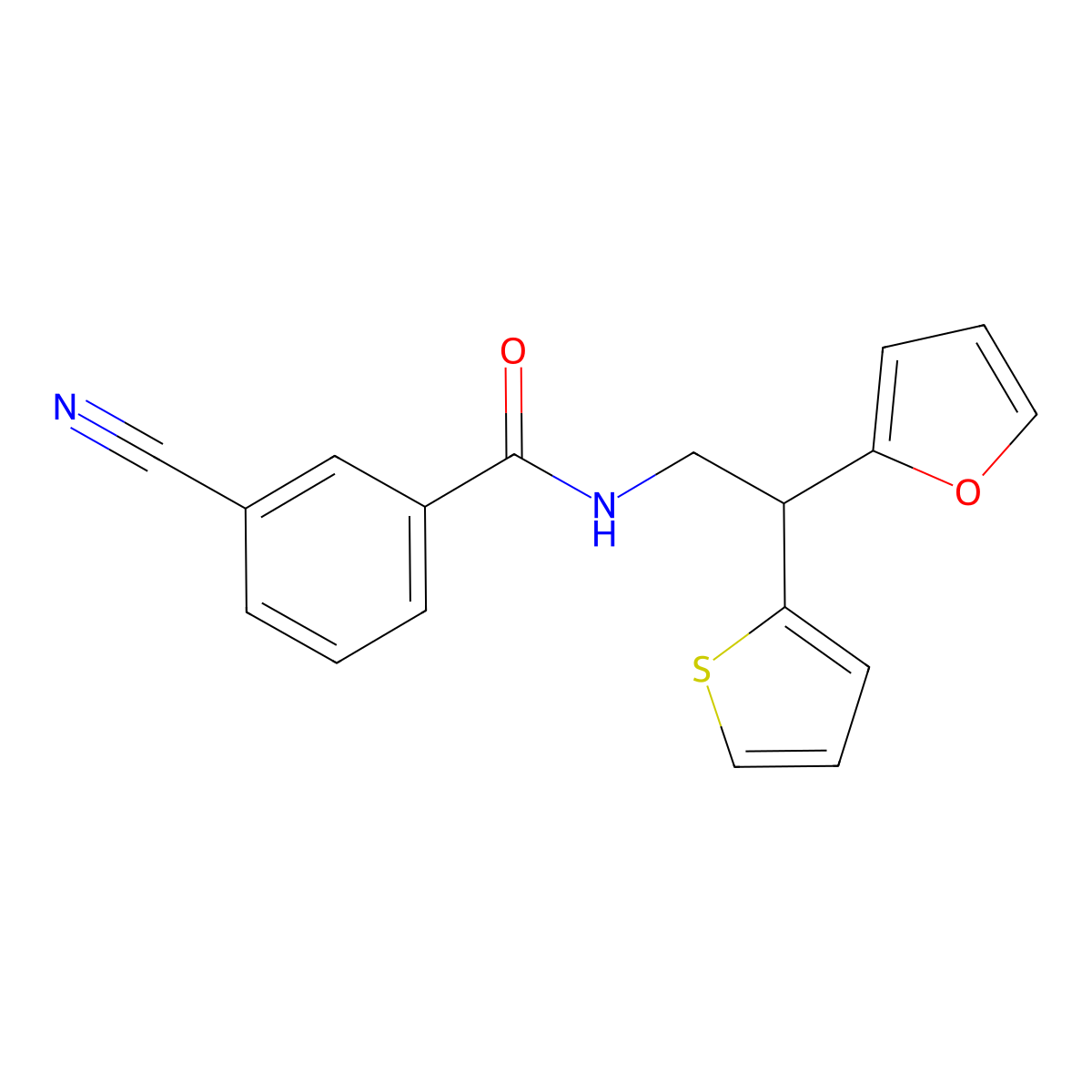 3-cyano-N-[2-(furan-2-yl)-2-(thiophen-2-yl)ethyl]benzamide molecular structure, CAS 2097883-19-5