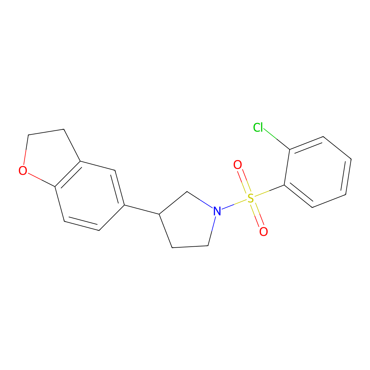 1-(2-Chlorobenzenesulfonyl)-3-(2,3-dihydro-1-benzofuran-5-yl)pyrrolidine molecular structure, CAS 2097883-68-4
