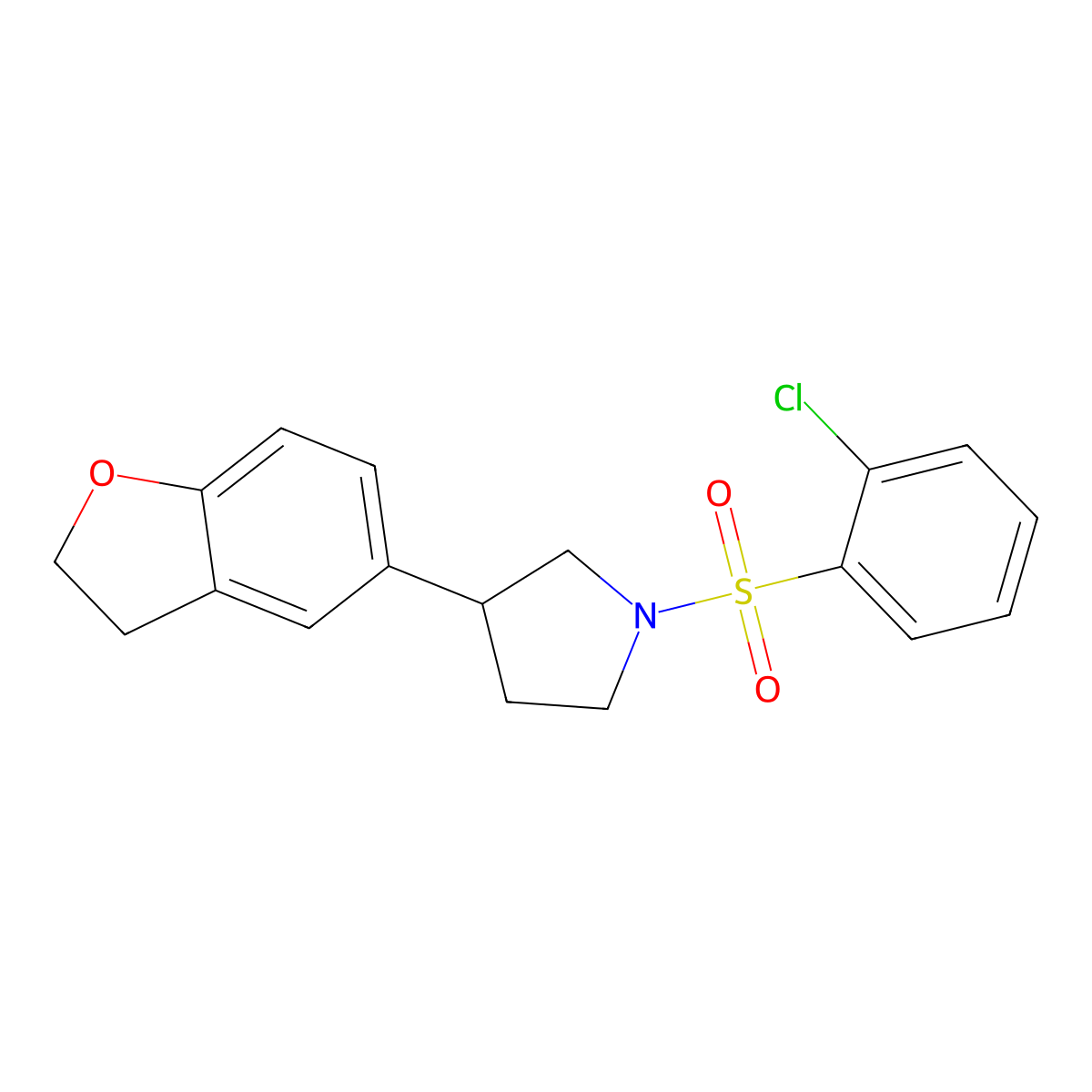 1-(2-Chlorobenzenesulfonyl)-3-(2,3-dihydro-1-benzofuran-5-yl)pyrrolidine molecular structure, CAS 2097883-68-4