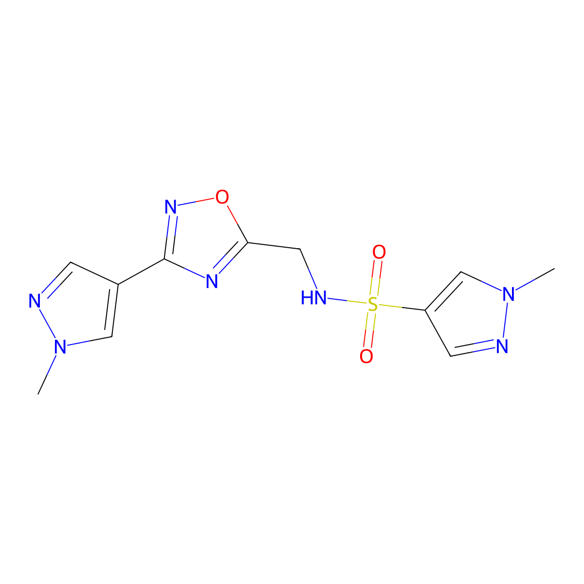 1-methyl-N-{[3-(1-methyl-1H-pyrazol-4-yl)-1,2,4-oxadiazol-5-yl]methyl}-1H-pyrazole-4-sulfonamide molecular structure, CAS 2097883-69-5
