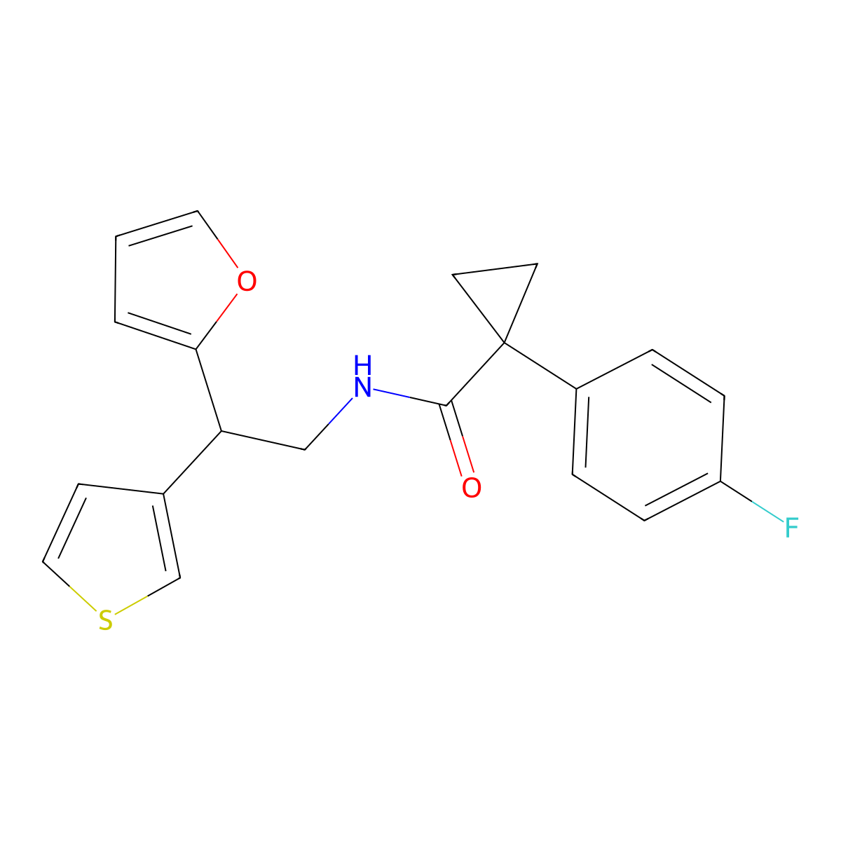 1-(4-fluorophenyl)-N-(2-(furan-2-yl)-2-(thiophen-3-yl)ethyl)cyclopropane-1-carboxamide molecular structure, CAS 2097883-95-7