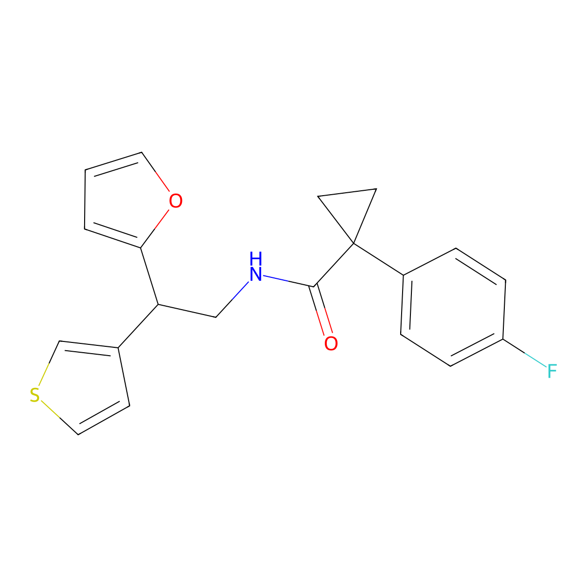 1-(4-fluorophenyl)-N-(2-(furan-2-yl)-2-(thiophen-3-yl)ethyl)cyclopropane-1-carboxamide molecular structure, CAS 2097883-95-7
