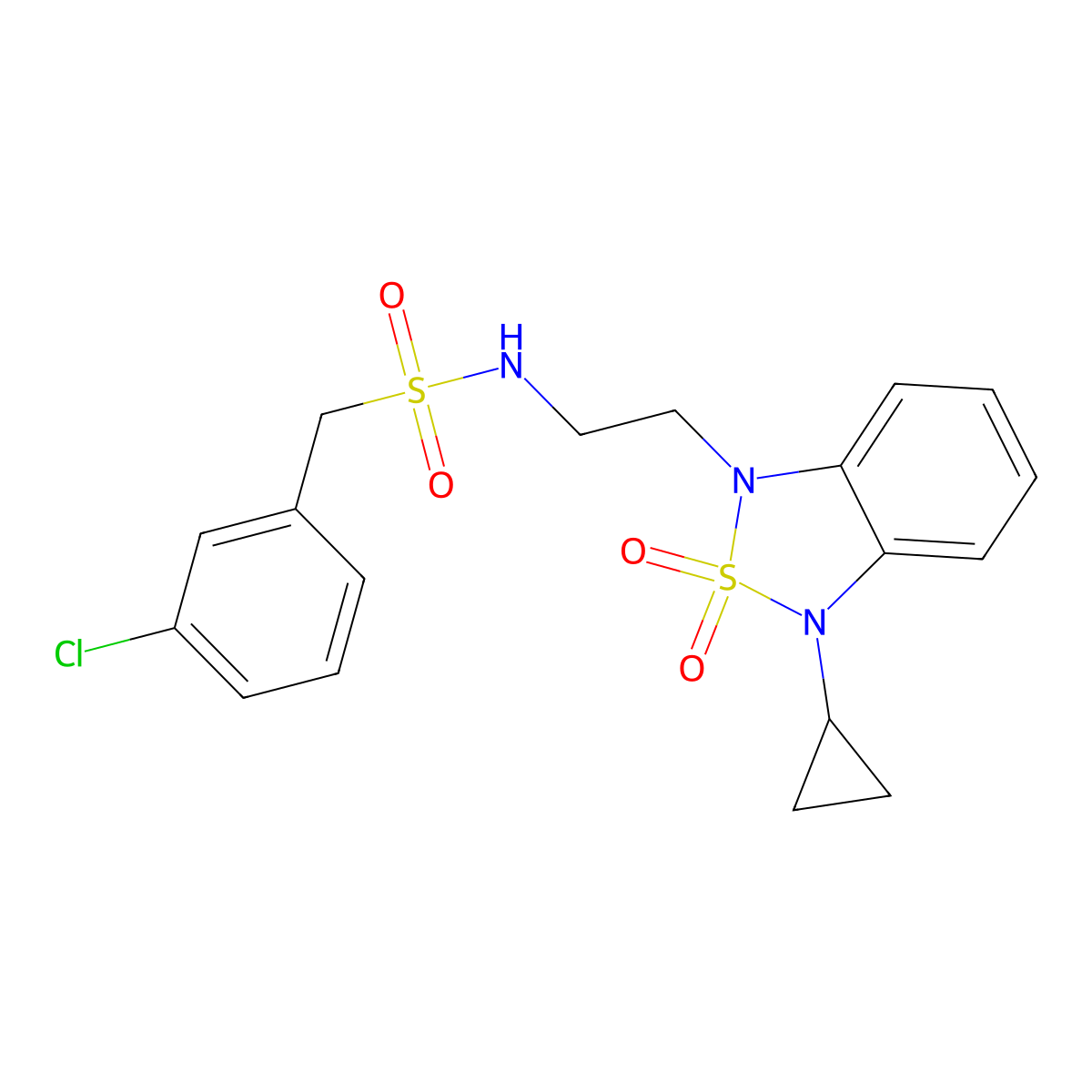 1-(3-chlorophenyl)-N-[2-(3-cyclopropyl-2,2-dioxo-1,3-dihydro-2lambda6,1,3-benzothiadiazol-1-yl)ethyl]methanesulfonamide molecular structure, CAS 2097884-20-1