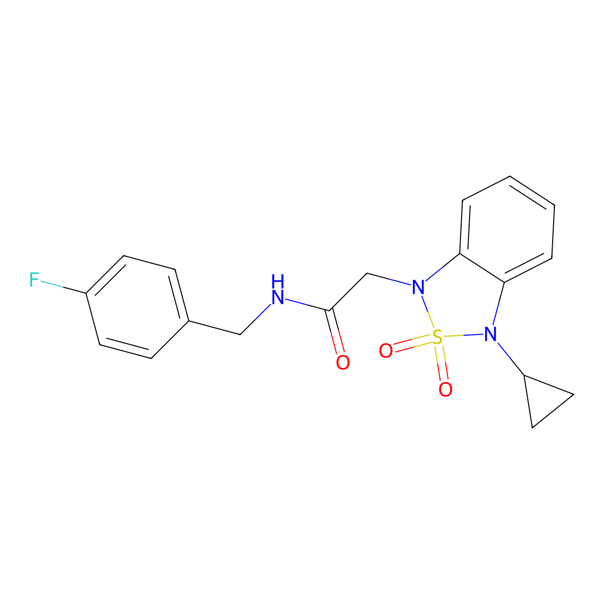 2-(3-cyclopropyl-2,2-dioxo-1,3-dihydro-2lambda6,1,3-benzothiadiazol-1-yl)-N-[(4-fluorophenyl)methyl]acetamide molecular structure, CAS 2097884-30-3