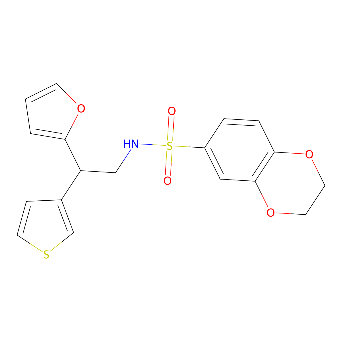 N-[2-(furan-2-yl)-2-(thiophen-3-yl)ethyl]-2,3-dihydro-1,4-benzodioxine-6-sulfonamide molecular structure, CAS 2097884-49-4