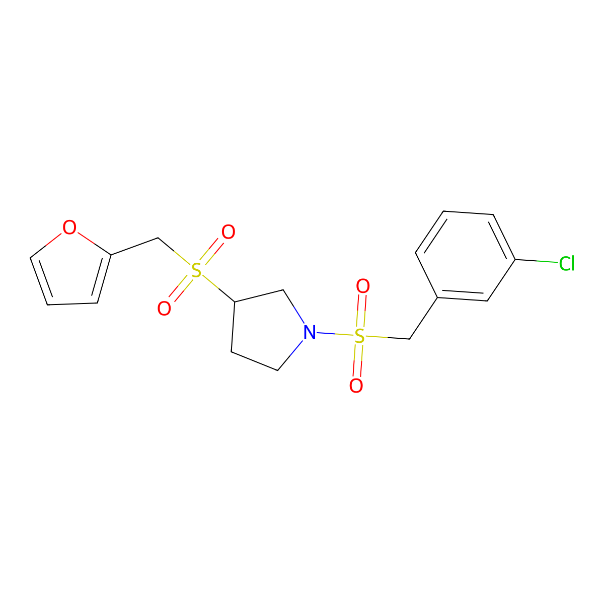1-((3-Chlorobenzyl)sulfonyl)-3-((furan-2-ylmethyl)sulfonyl)pyrrolidine molecular structure, CAS 2097884-54-1