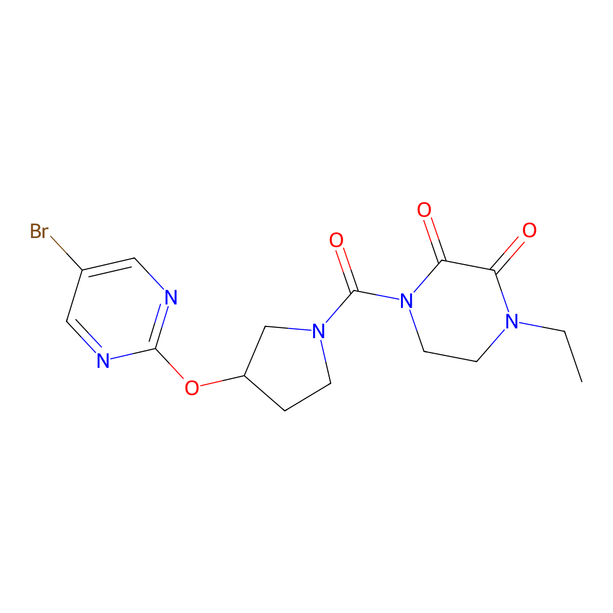 1-{3-[(5-Bromopyrimidin-2-yl)oxy]pyrrolidine-1-carbonyl}-4-ethylpiperazine-2,3-dione molecular structure, CAS 2097884-60-9
