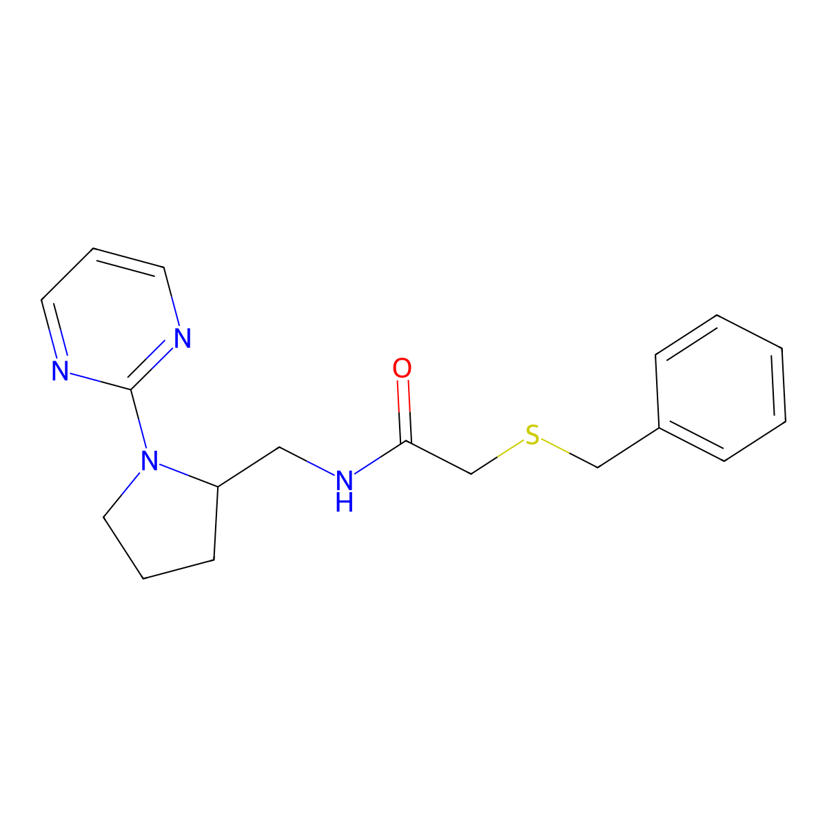 2-(benzylsulfanyl)-N-{[1-(pyrimidin-2-yl)pyrrolidin-2-yl]methyl}acetamide molecular structure, CAS 2097884-67-6