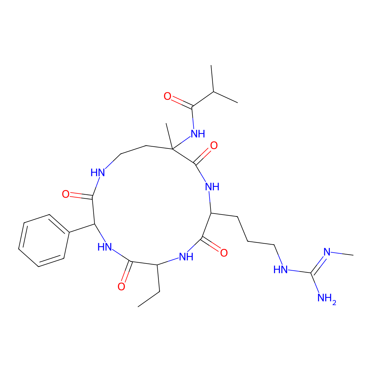 N-{(3r,6s,9s,12r)-6-Ethyl-12-Methyl-9-[3-(N'-Methylcarbamimidamido)propyl]-2,5,8,11-Tetraoxo-3-Phenyl-1,4,7,10-Tetraazacyclotetradecan-12-Yl}-2-Methylpropanamide molecular structure, CAS 2097887-20-0